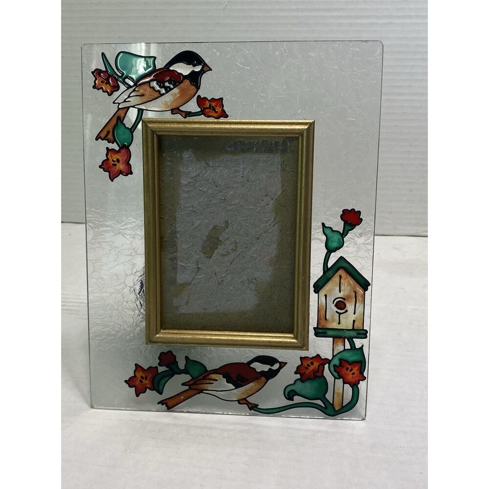 Hand painted Joan Baker Designs glass bird birdhouse picture frame Stained Glass
